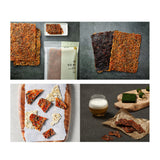 Dried seasoned ice fish pieces in dark and orange seasoning, some in small blocks