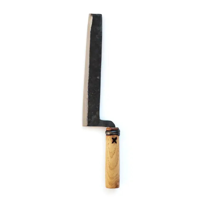 Master Shin's bread knife with dark blade and carved wooden handle, metal bolster ring