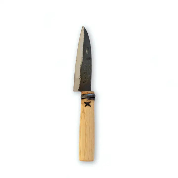 Fruit knife with dark blade and light wooden handle with star grip