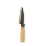 Fruit knife with dark blade and light wooden handle with star grip