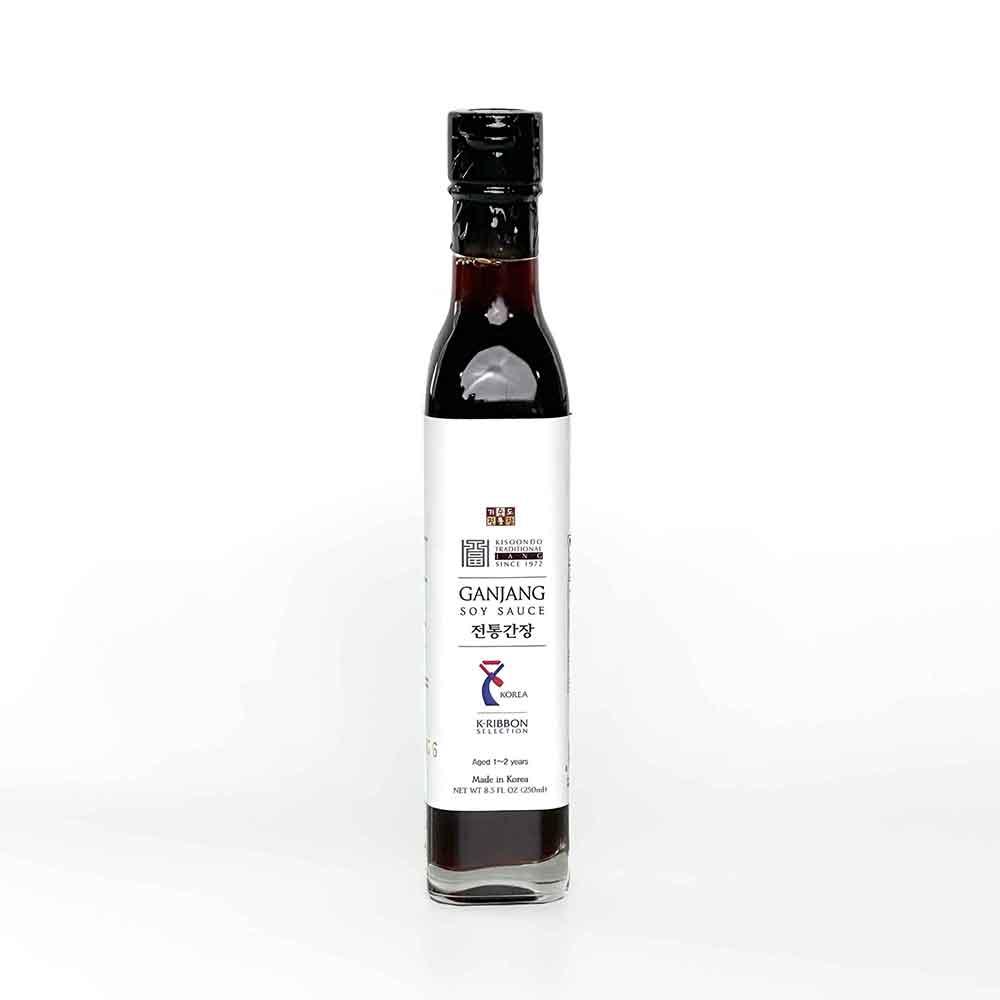 Ganjang soy sauce bottle with black cap and glass label