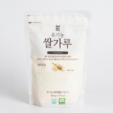 Organic rice flour bag, 350g, white paper pouch with label and seal