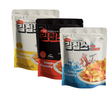 Assorted kimchi crunchy chips bags in cream, black, and blue