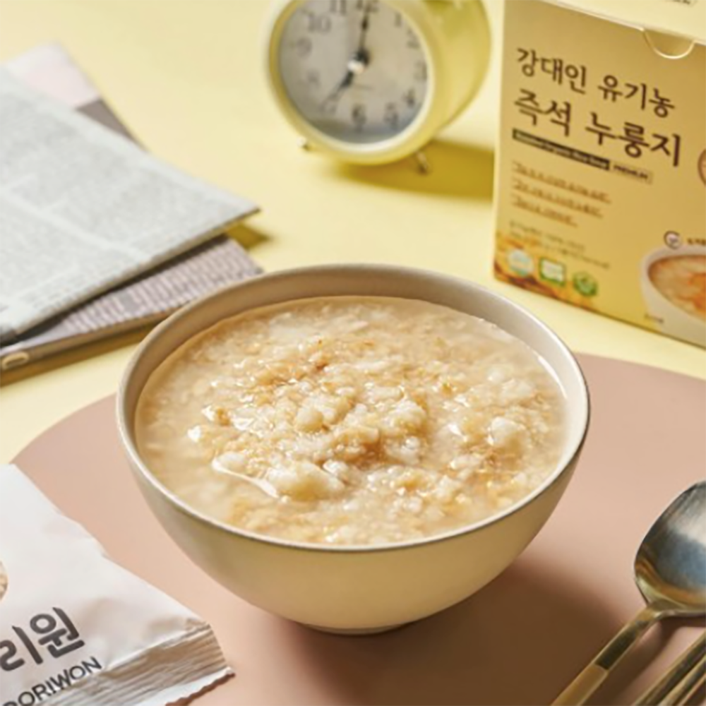 Roasted organic rice porridge in a beige bowl