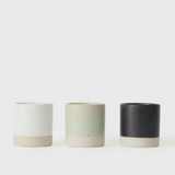 Sando shot cups, white, sage green, and black cylindrical cups.