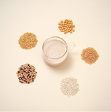Germinated 5-colored rice grains and powder cup on a light background, no packets visible.