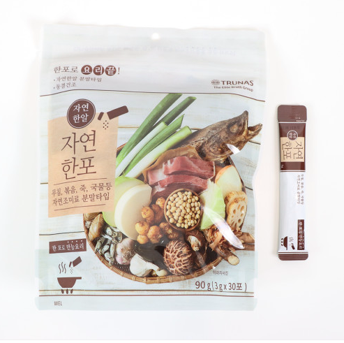 Seafood stock powder pouches, foil bag with illustrated seafood ingredients