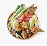 Seafood stock powder ingredients bowl graphic with seafood, vegetables, and mushrooms