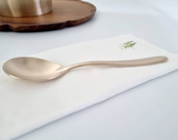 Stainless serving spoon with long handle, shown in profile on a cloth.