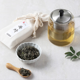 Organic mugwort tea package information panel with barcode and ingredient details