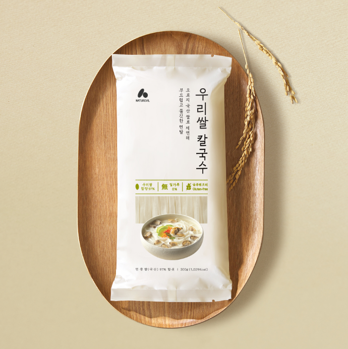 Gluten-free flat rice noodles bag in white packaging with Korean text