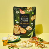 Shrimp chips bag with green onion flavor, with bowl of chips and shrimp skewer