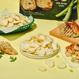 Shrimp chips with green onion flavor, with sliced chips in bowls and shrimp pieces