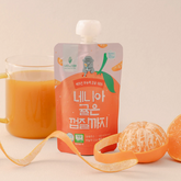 Orange tangerine juice pouch with flip-top spout