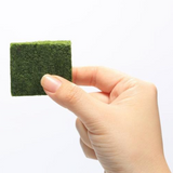 Hand holding a small green square cube with a textured surface