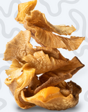 Crunch mushroom chips, golden dried mushroom slices in a loose pile