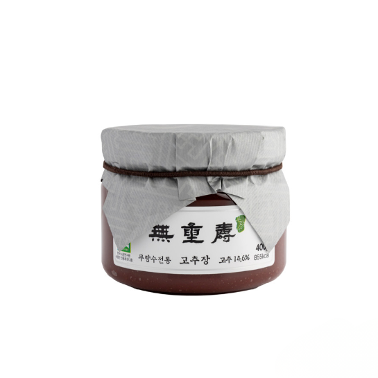 Gochujang chili paste jar, dark red sauce, paper label, 400 g