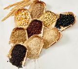 Multi-grain powder assortment in bamboo scoops with mixed grains