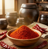 Coarse gochugaru red chili powder mound in a wooden bowl with dried chilies