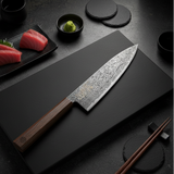 Damascus chef knife with wooden handle, 8.3-inch blade, speckled steel finish