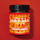 Crunchy garlic chili crisp jar, black lid and red label