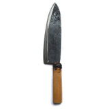 Chef's knife with dark steel blade and wooden handle.