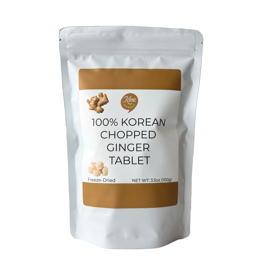 Freeze-dried ground ginger tablet pouch with white bag and brown label