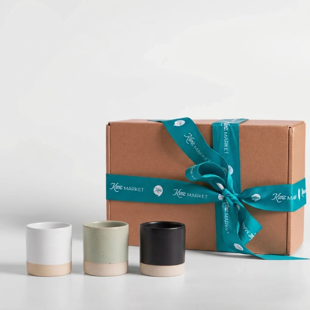 Shot cup gift set with three ceramic cups: white, sage, black