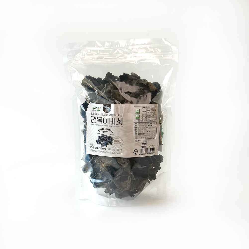 Dried black tree-ear mushrooms in clear sealed pouch, 100g