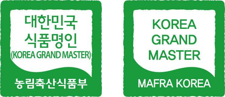 Fruit vinegar certification badges, including Korea Grand Master and Korea Grand Master