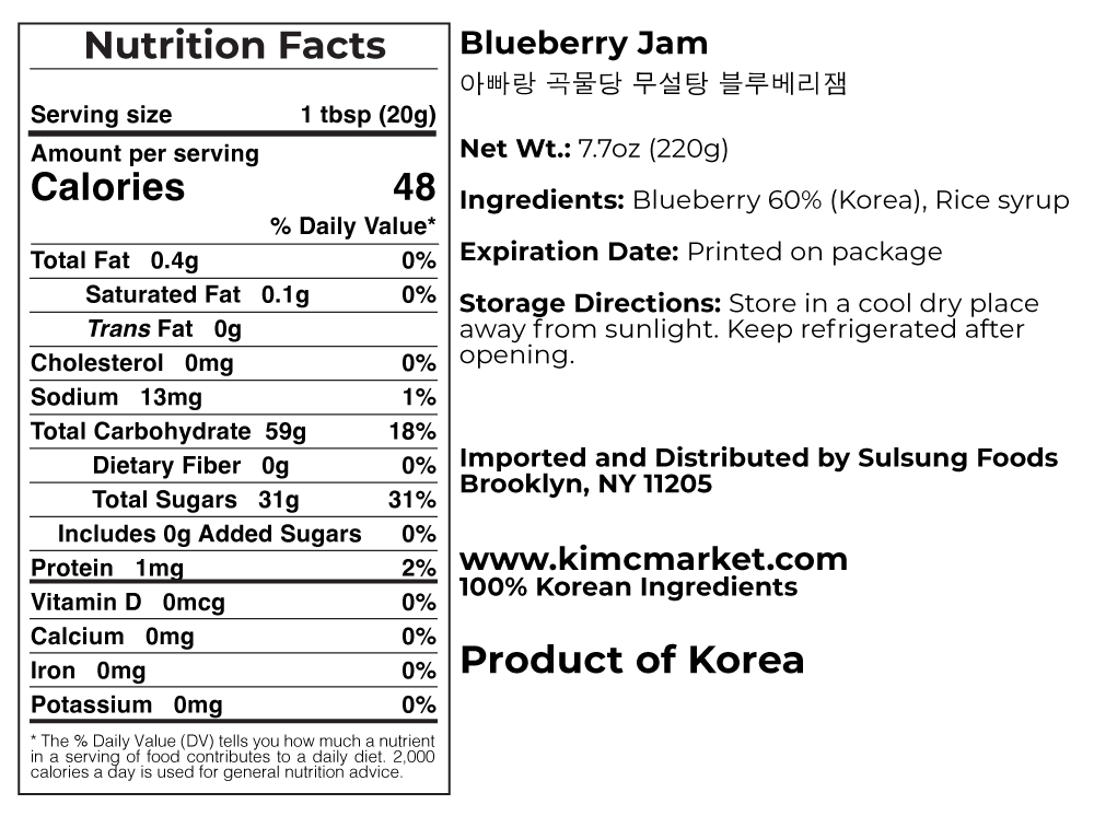 Blueberry jam nutrition facts label
