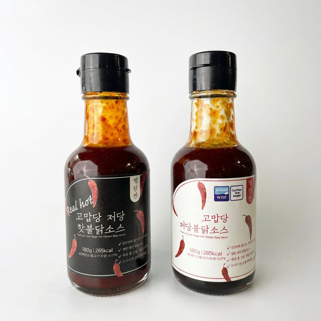 Two buldak sauce bottles: mild red-and-white label and hot dark label