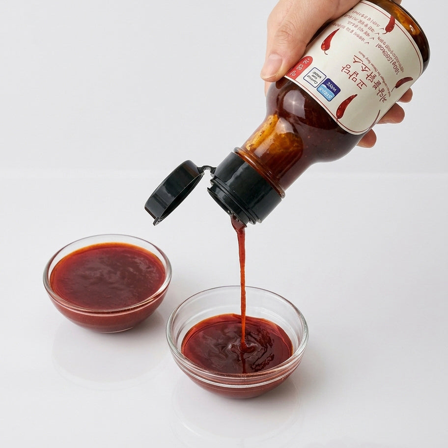 Buldak sauce pouring from bottle into two small bowls, dark red-brown sauce