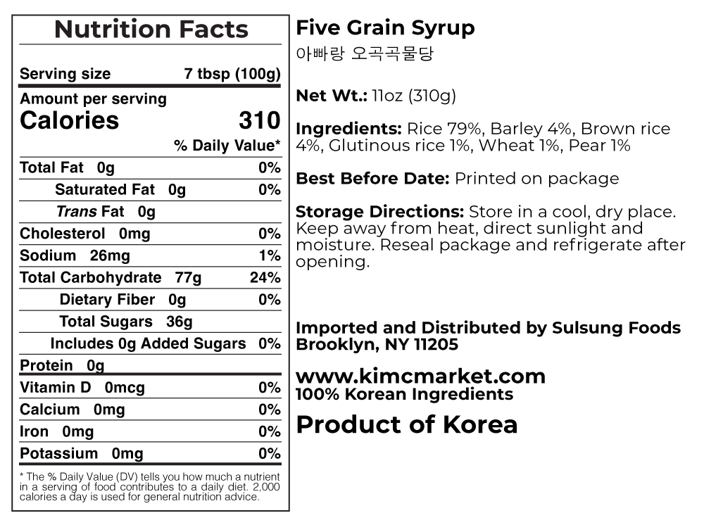 Nutrition facts label for syrup bottle with 310 calories and an ingredient list.