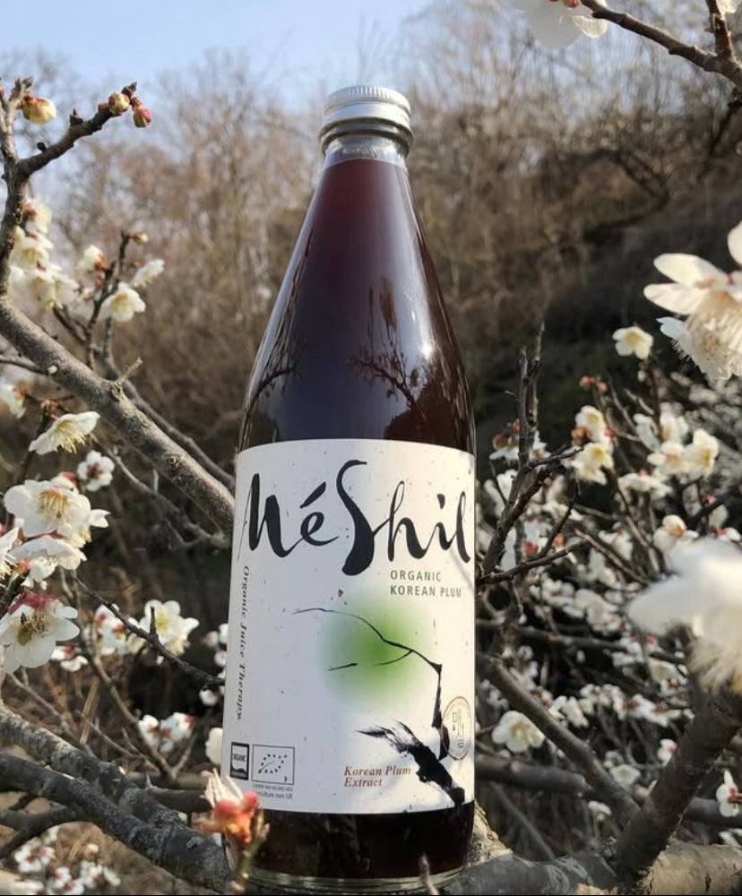 Organic Korean plum extract drink bottle among white spring blossoms