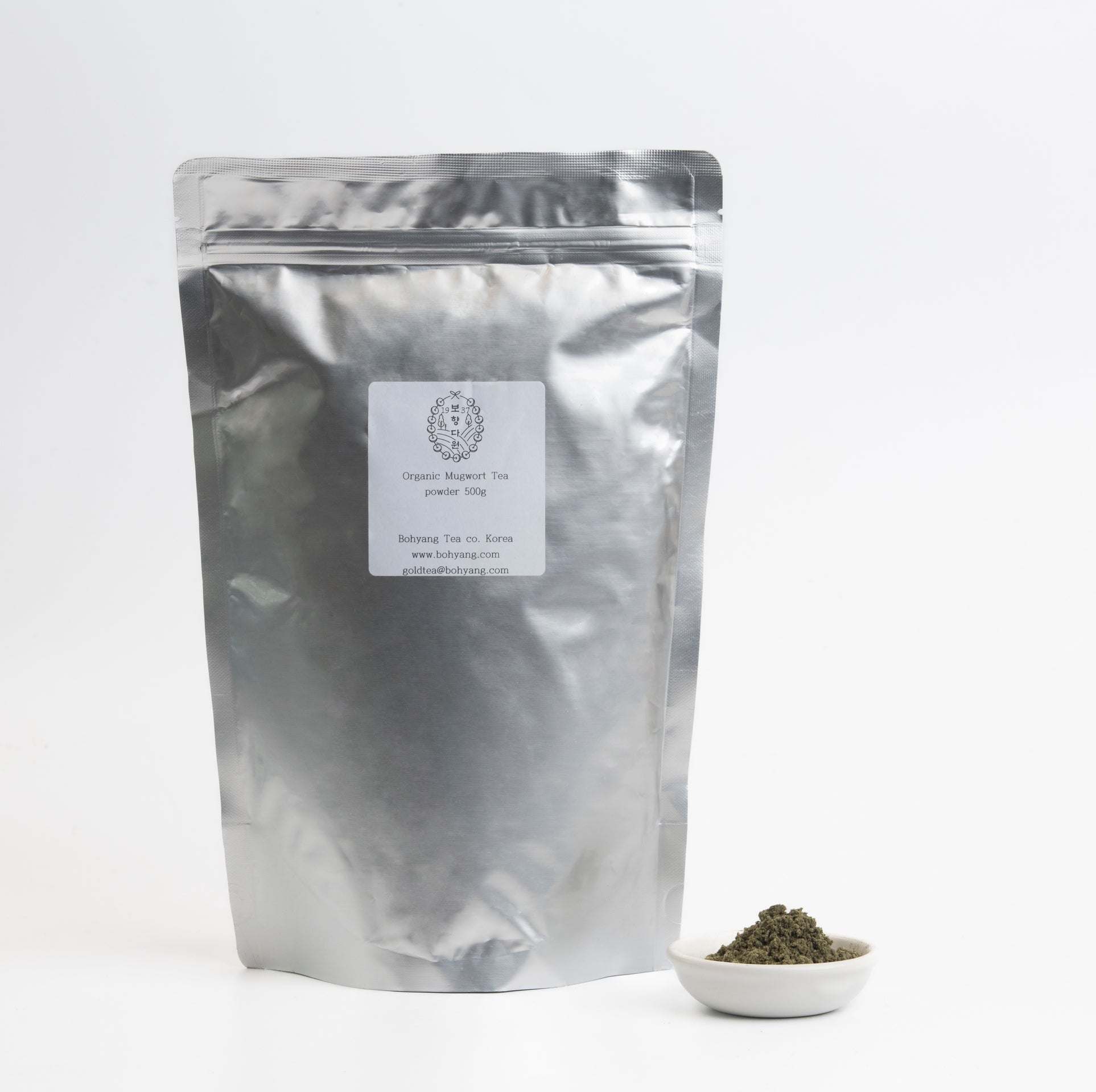 Mugwort powder 500g in silver stand-up foil pouch with label