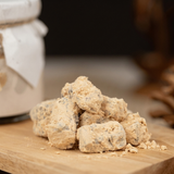 Soybean powder coated jelly pieces, beige crumb-coated texture