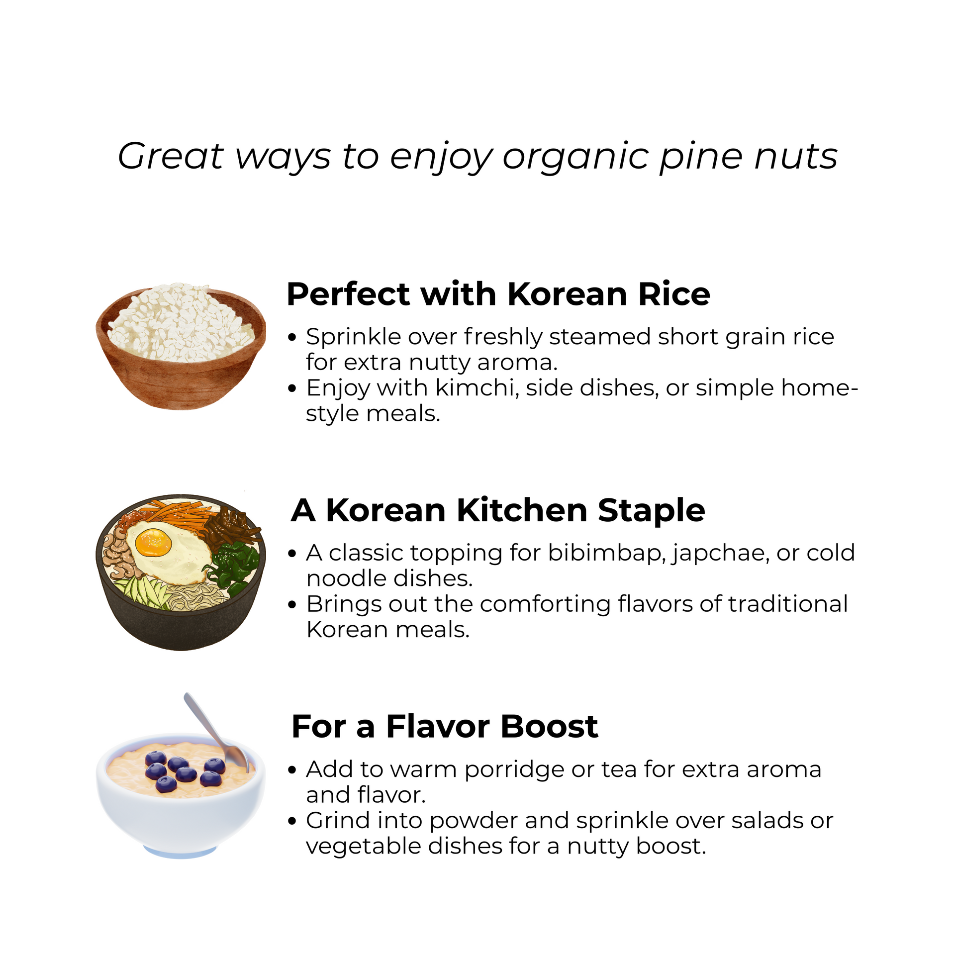 Pine nuts serving ideas on a card with bowls and spoon