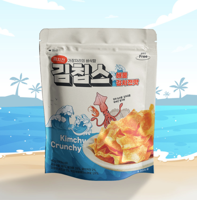 Kimchi crunchy chips blue-and-white bag with orange chips pictured on the front
