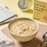 Roasted organic rice porridge in a beige bowl