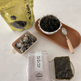 Seasoned seaweed sprinkles in bag with dark flakes, shown in bowl and dishes