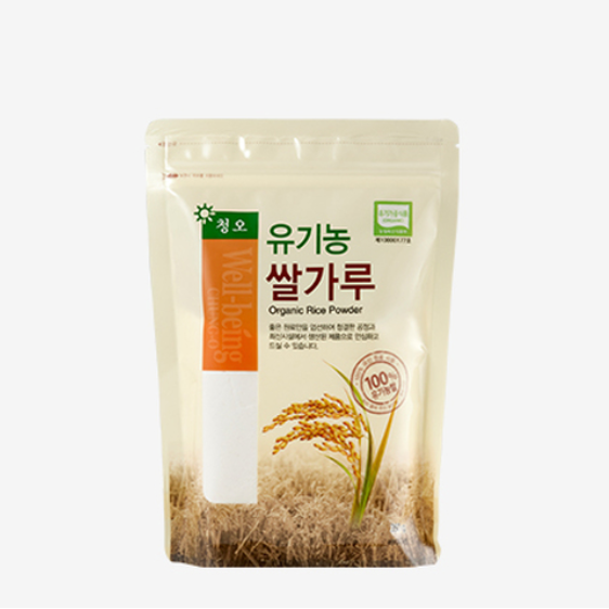 Organic rice flour pouch, sealed bag with front label