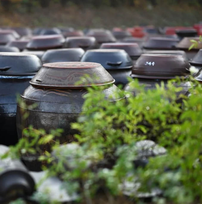 Stacked dark condiment containers with lids and leafy greens
