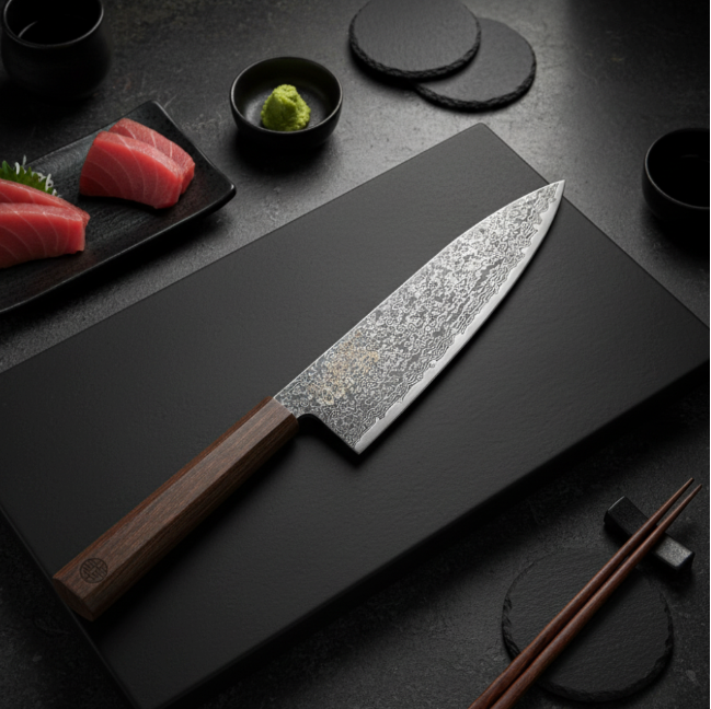 Damascus chef knife with wooden handle, 8.3-inch blade, speckled steel finish