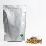 Dried shepherd's purse herb pouch with loose dried stems and leaves