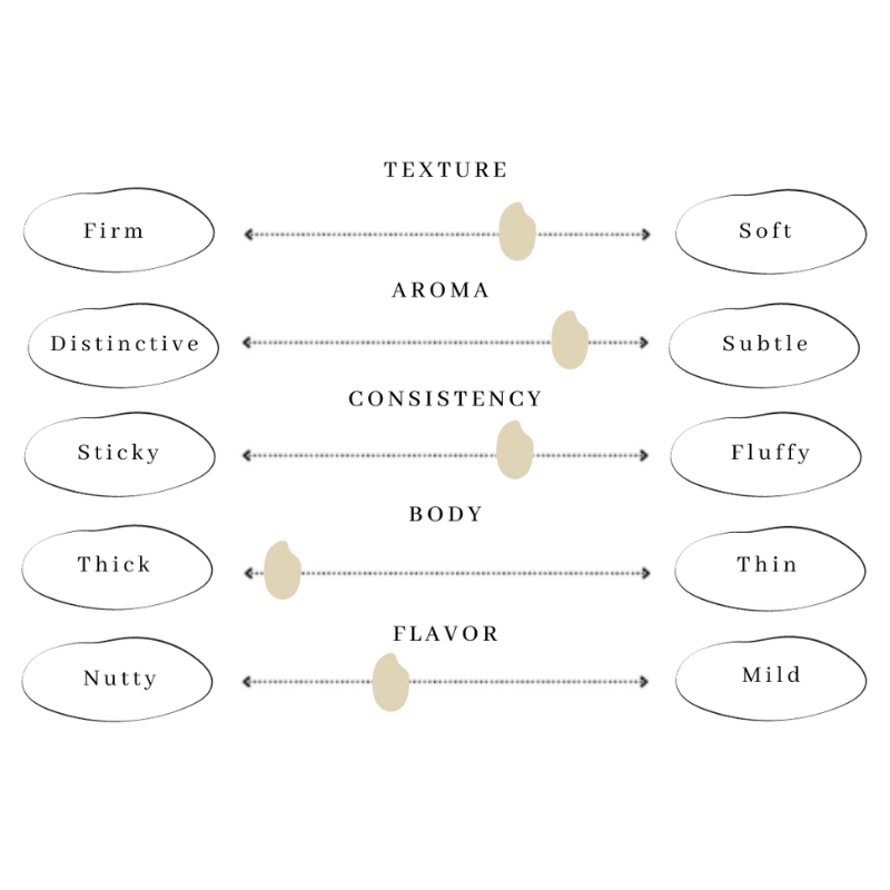 Rice texture and aroma comparison diagram with flavor and body scales