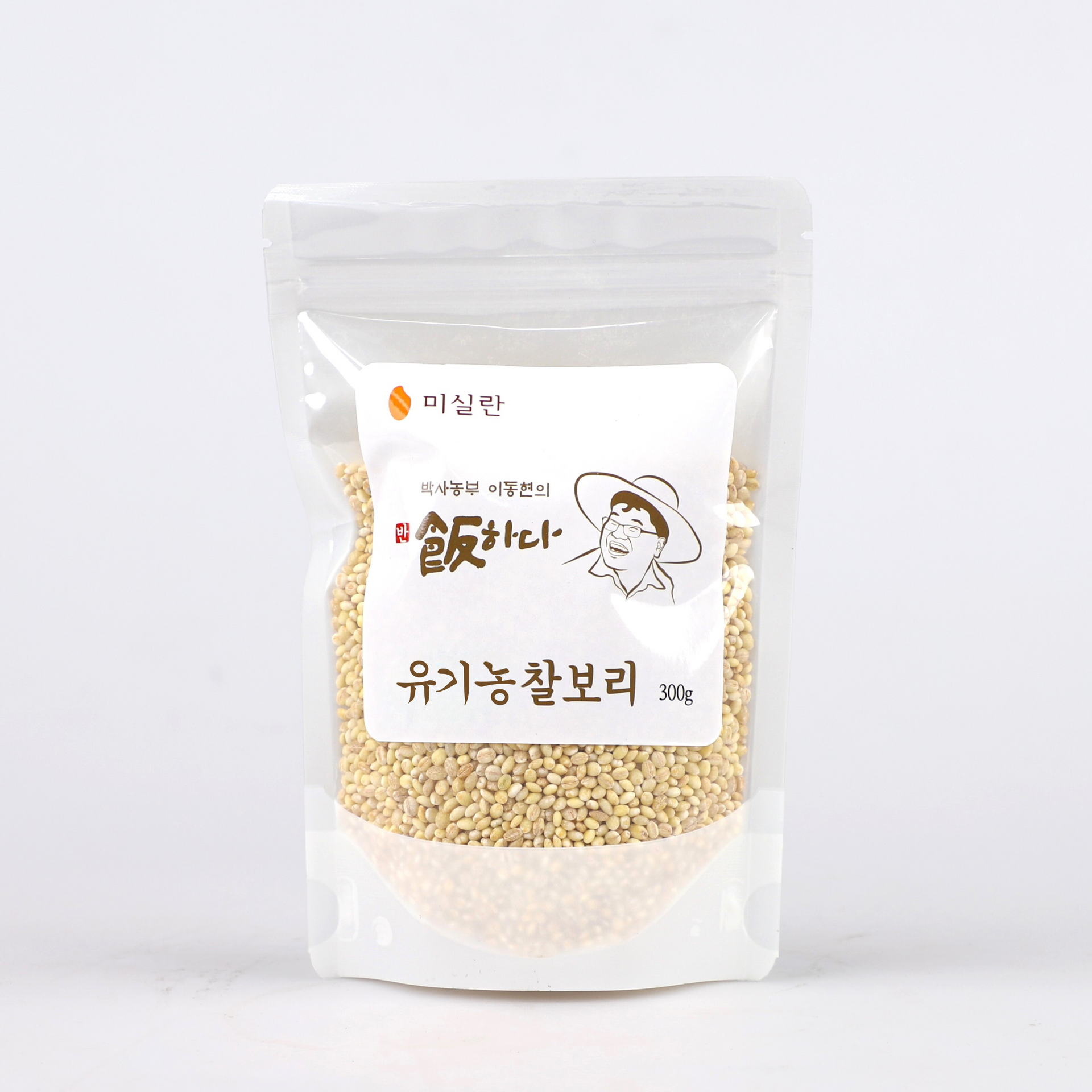 Organic glutinous barley 300g bag, sealed white pouch with grains visible