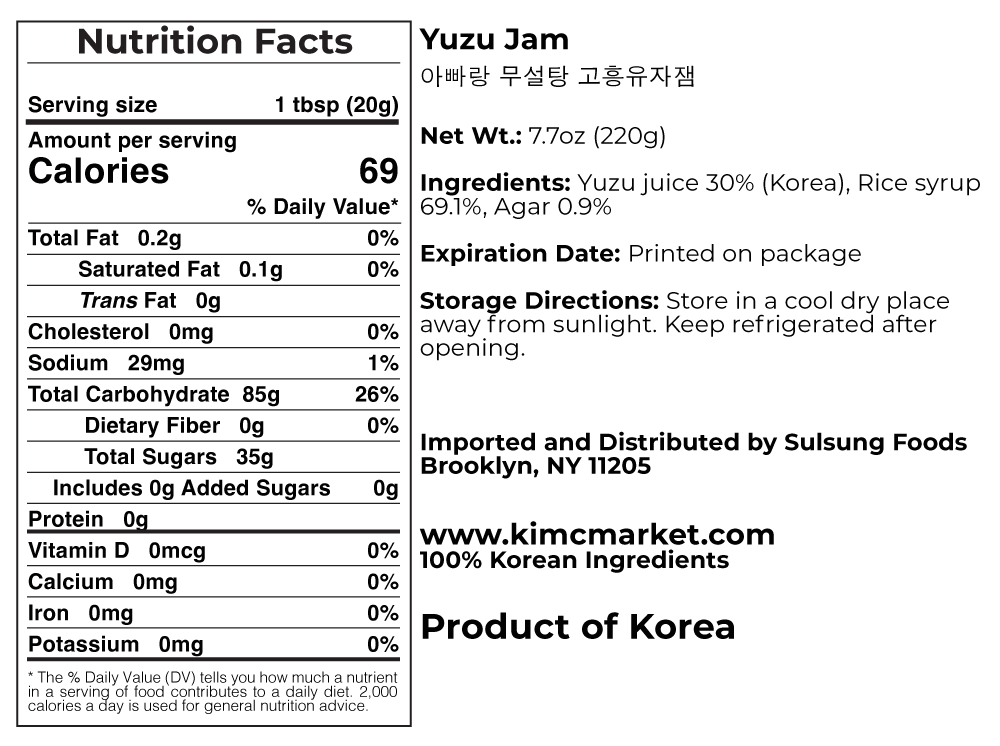 Yuzu jam nutrition facts label