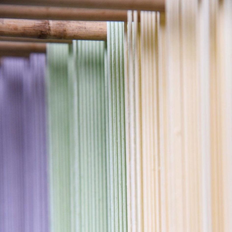 Three colored dried noodle strands, purple, green, and pale yellow
