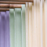 Three colored dried noodle strands, purple, green, and pale yellow